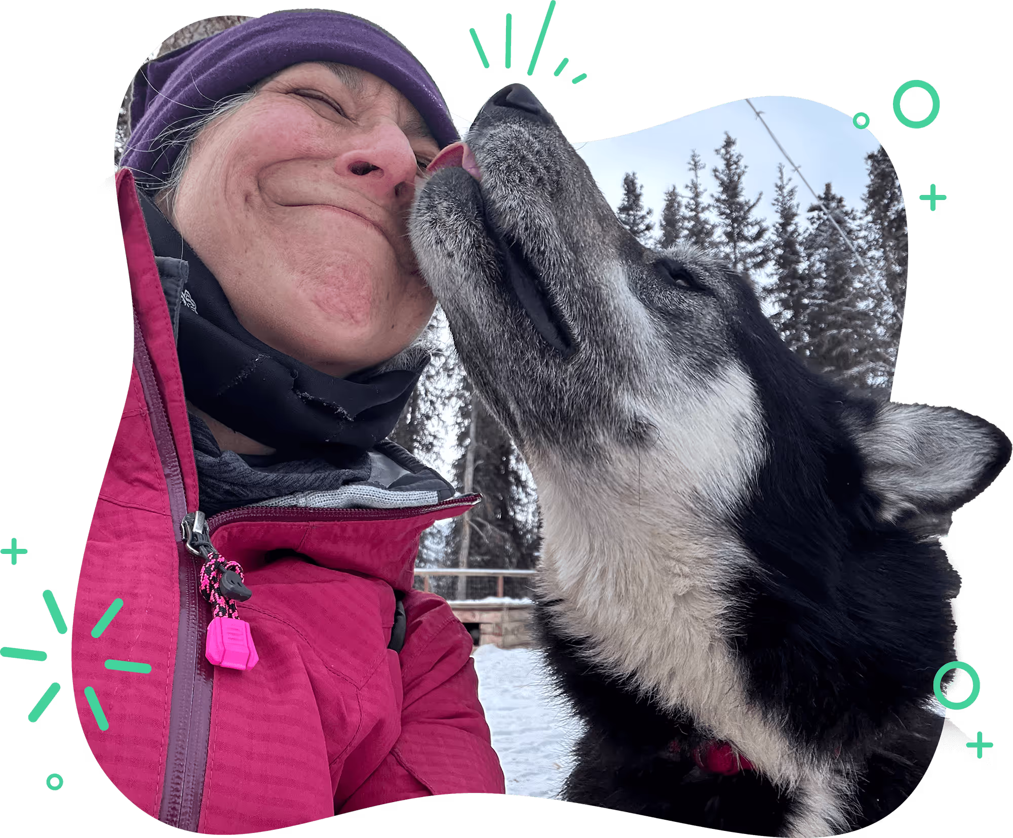 A close up of a husky licking a woman's face. She is out in the snow wearing a pink winter jacket.